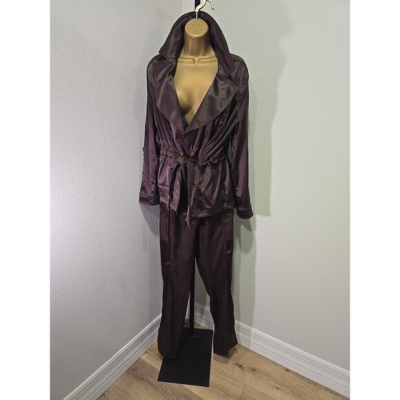 Chocolate Brown Suit Womens 10 Jacket Pants Satin Belted Stretch Ponte Collared - Picture 12 of 12
